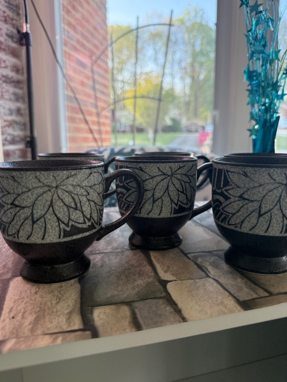 Set of 6 Decorative Black and Gray Floral Mugs